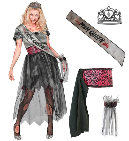 Zombie Schönheitskönigin Kostüm mit Kleid, Gürtel, Schärpe und Tiara