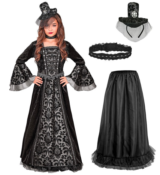 Dunkle Gräfin Kostüm mit voluminösem Kleid, Reifrock, Halsband und Minihut mit Schleier