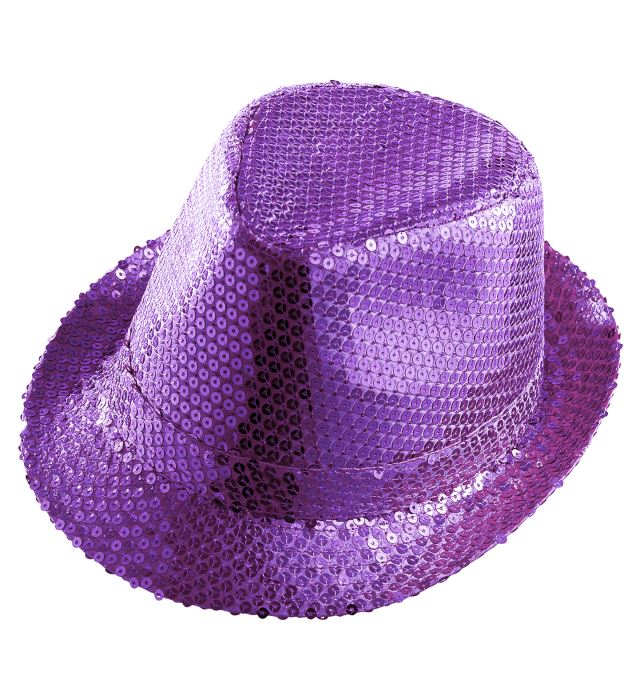 Violetter Fedora-Hut mit glitzernden Pailletten für Fasnacht und Karneval