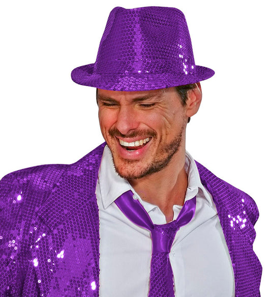 Violetter Fedora-Hut mit glitzernden Pailletten für Fasnacht und Karneval