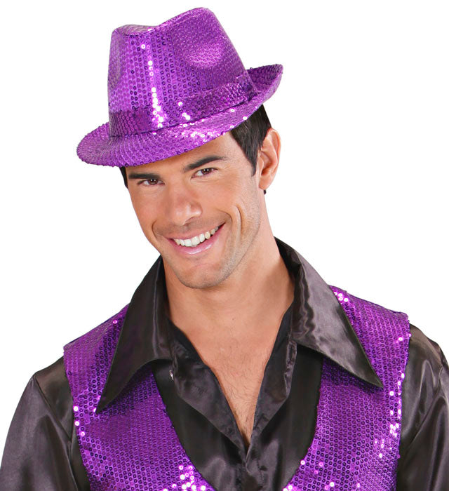 Violetter Fedora-Hut mit glitzernden Pailletten für Fasnacht und Karneval