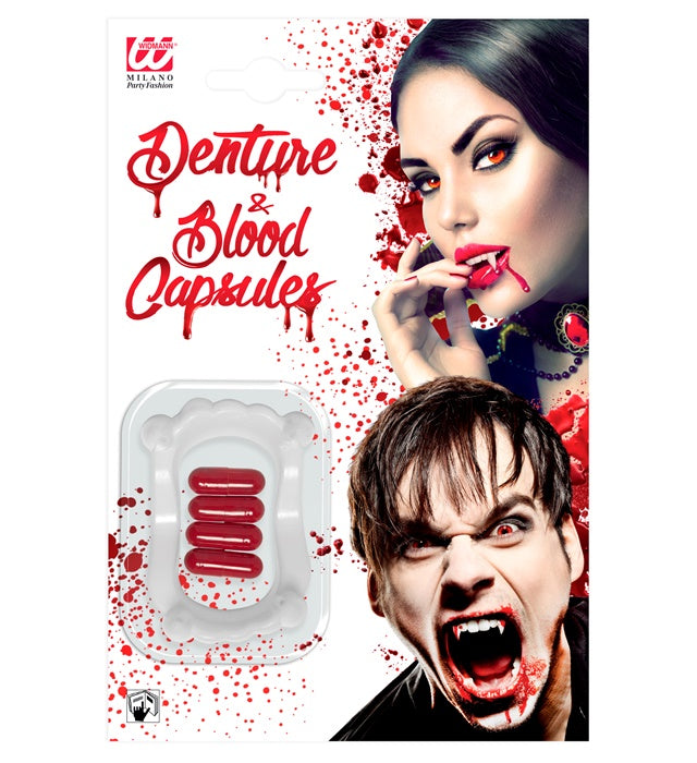 Vampirgebiss mit vier roten Blutkapseln für Halloween-Kostüm