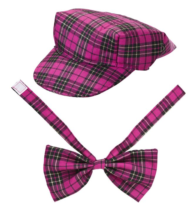 Pink karierte Tartanmütze mit passender Fliege als Fasnachtsaccessoire