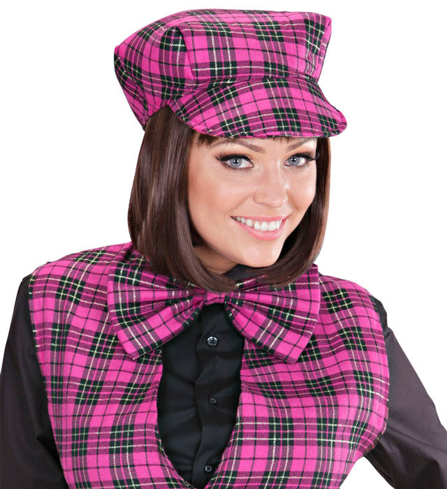 Pink karierte Tartanmütze mit passender Fliege als Fasnachtsaccessoire