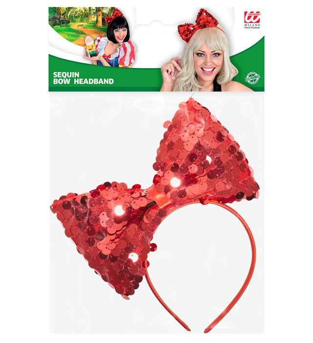 Roter Haarreif mit glänzenden Pailletten und großer Schleife als Fasnachts-Accessoire