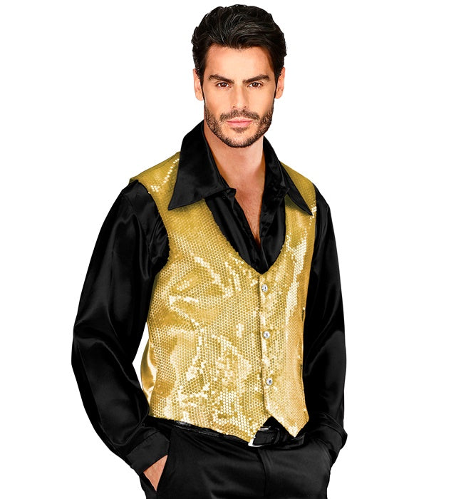 Goldene Paillettenweste für Herren auf weißem Hintergrund