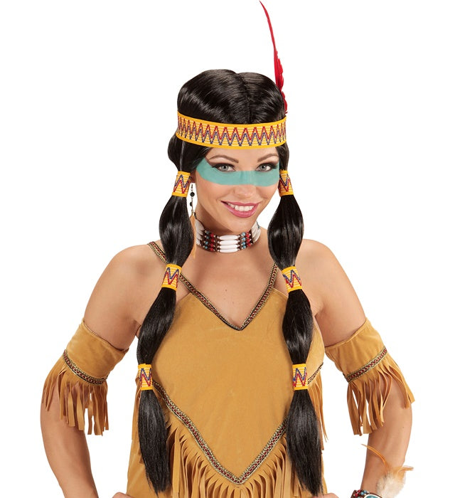 Squaw Indianerin Perücke mit Stirnband und bunter Feder in Geschenkbox