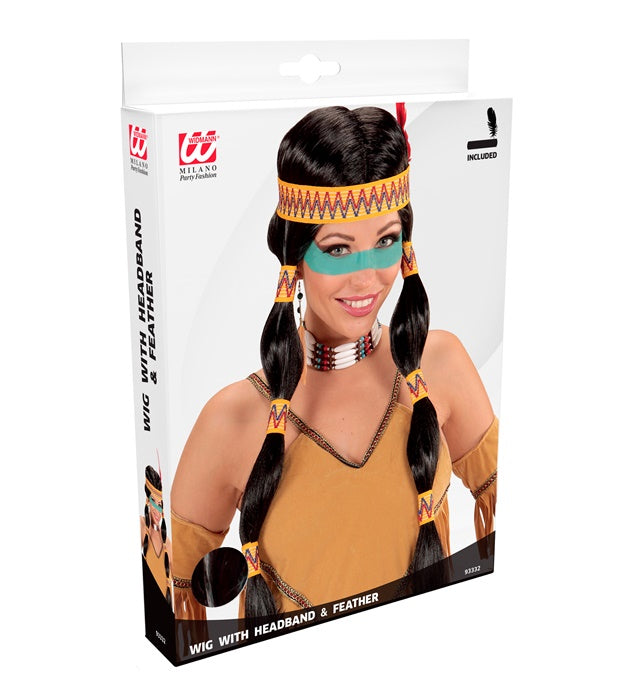 Squaw Indianerin Perücke mit Stirnband und bunter Feder in Geschenkbox