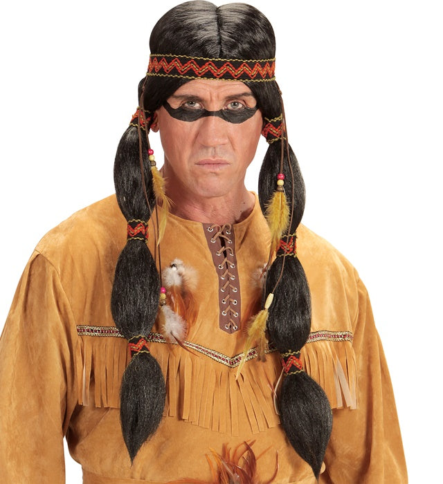 Indianerperücke mit braunem Stirnband für Fasnacht und Karneval