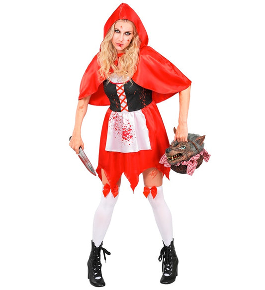 Zombie Rotkäppchen Kostüm mit rotem Kleid, Kapuzenumhang und halterlosen Strümpfen