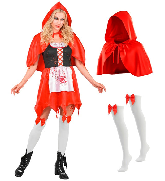 Zombie Rotkäppchen Kostüm mit rotem Kleid, Kapuzenumhang und halterlosen Strümpfen