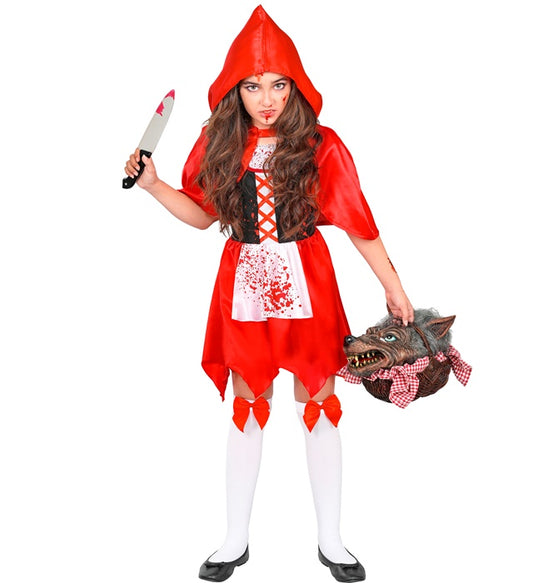 Zombie Rotkäppchen Kostüm mit rotem Kleid, Umhang mit Kapuze und halterlosen Strümpfen