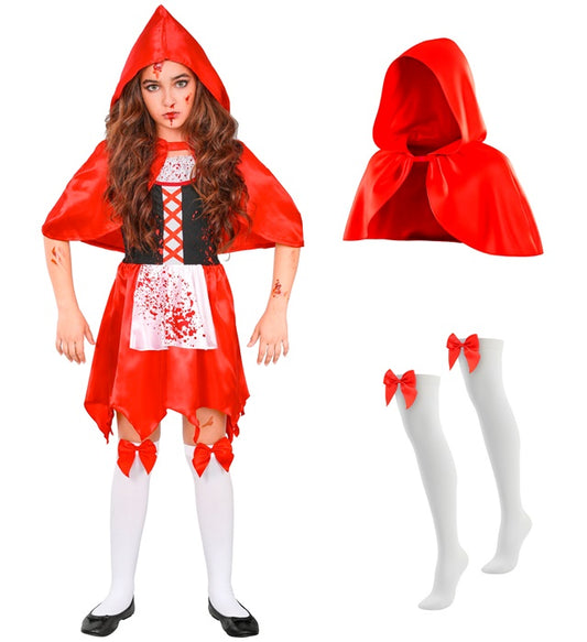 Zombie Rotkäppchen Kostüm mit rotem Kleid, Umhang mit Kapuze und halterlosen Strümpfen