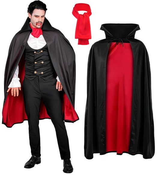 Vampir-Kostüm mit Hemd, Weste, Jabot und Umhang auf weissem Hintergrund