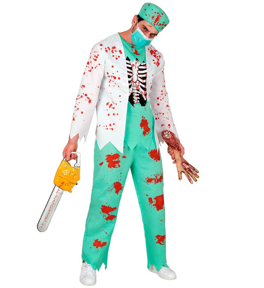 Zombie Doktor Kostüm mit Rippenknochen-Oberteil, Hose, Kopfbedeckung und Maske