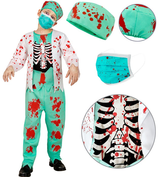 Zombie Doktor Kostüm mit Rippenknochen-Oberteil, Hose, Maske und Kopfbedeckung