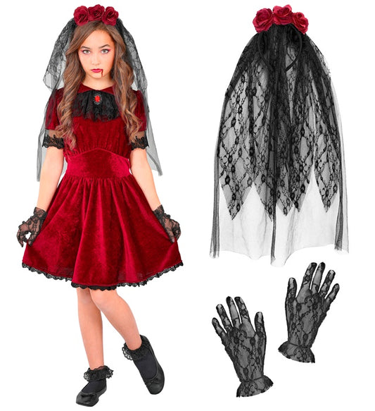 Gotische Vampirbraut Kostüm mit schwarzem Kleid, Schleier mit Blumen und Handschuhen