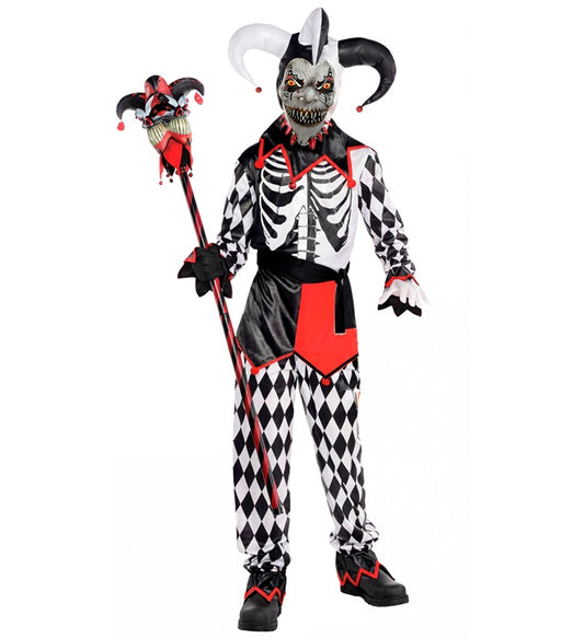 Böser Jester Fasnachtskostüm mit Maske, Hut, Oberteil, Hose und Gürtel