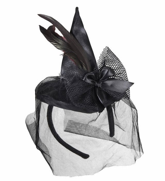 Mini Hexenhut aus schwarzem Stoff mit Federn und Schleier als Halloween Accessoire