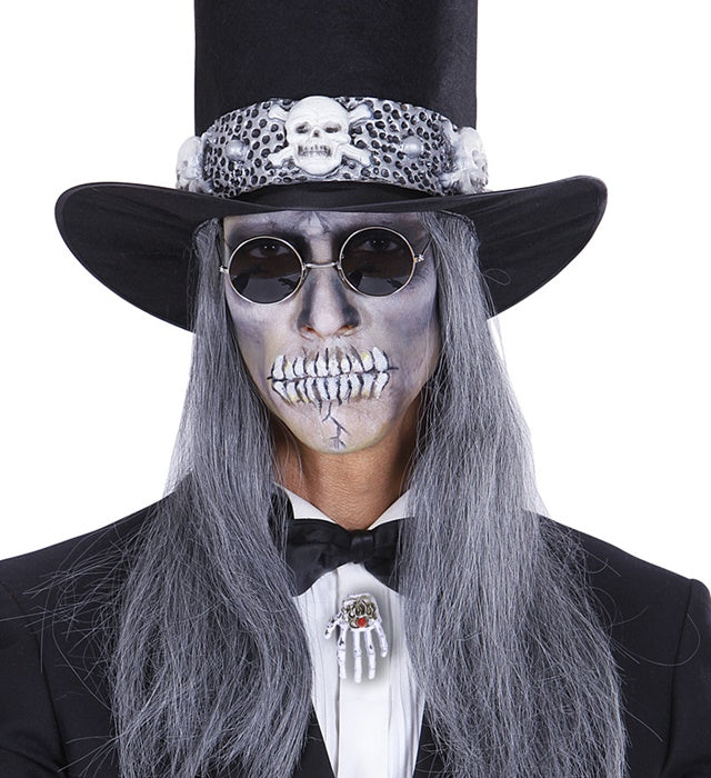 Skelett-Hand Brosche in schwarz-weiss als Halloween Accessoire