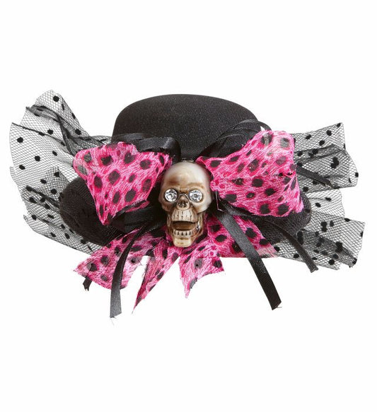 Mini-Zylinder mit Totenkopf und schwarzer Schleife als Halloween-Accessoire