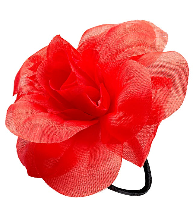 Roter Haargummi mit dekorativer Blume als Fasnachts-Accessoire