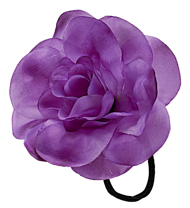 Haargummi mit violetter Blume als Haaraccessoire für Fasnacht