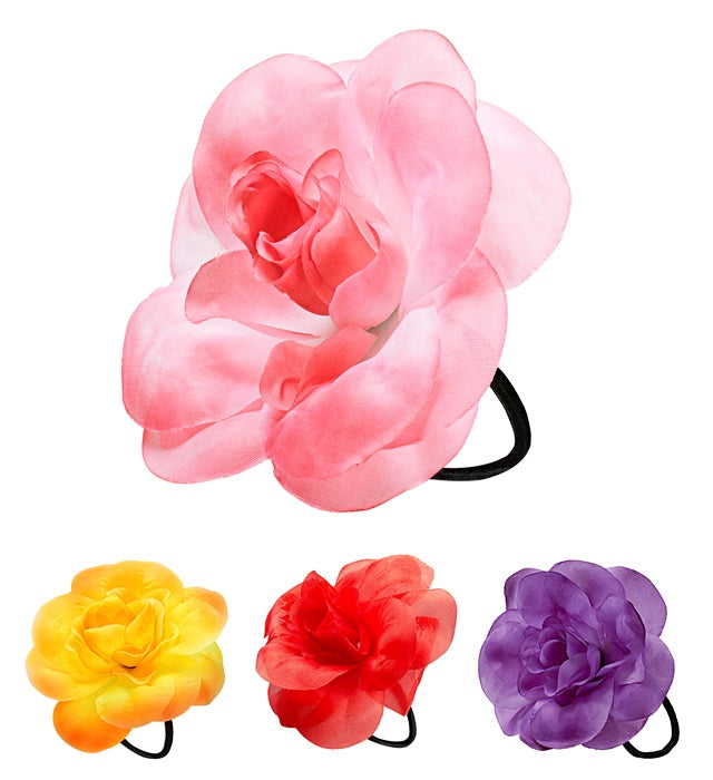 Bunte Haargummis mit Blumenmotiv in rot, gelb, rosa und violett