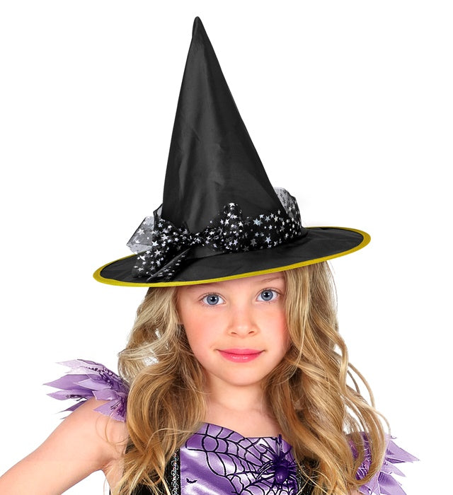 Schwarzer Hexenhut mit silbernem Tüllband als Fasnacht und Halloween Accessoire