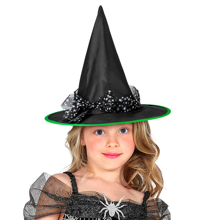 Schwarzer Hexenhut mit silbernem Tüllband als Fasnacht und Halloween Accessoire