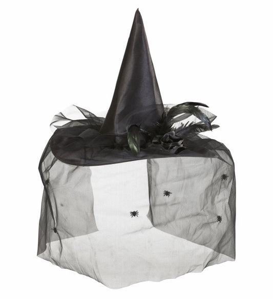 Schwarzer Hexenhut mit Tüll, bunten Blumen und Federn als Halloween-Accessoire