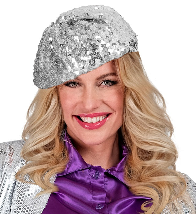 Silberne Baskenmütze mit glitzernden Pailletten als Fasnachts-Accessoire