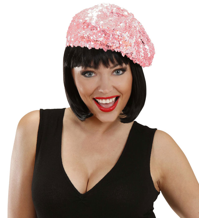 Rosa Baskenmütze mit Pailletten für Fasnacht und Karneval