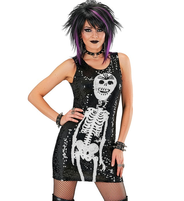 Paillettenkleid mit Skelett-Design in Schwarz und Silber