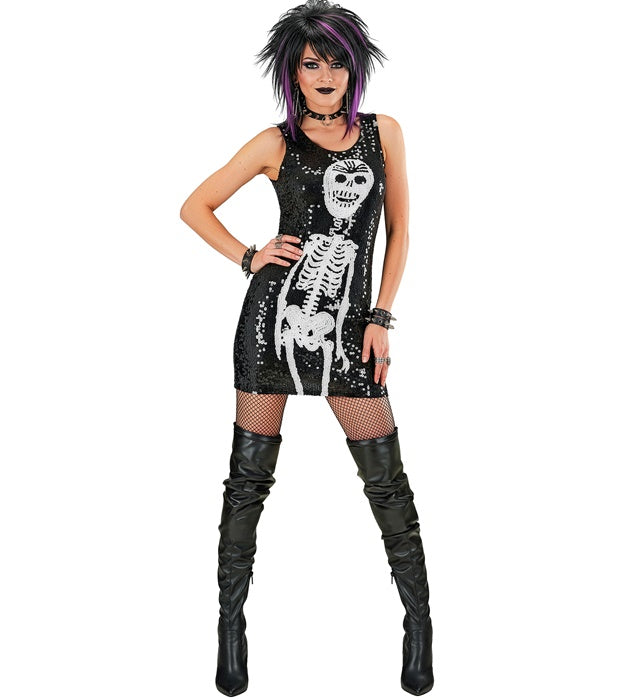 Paillettenkleid mit Skelett-Design in Schwarz und Silber