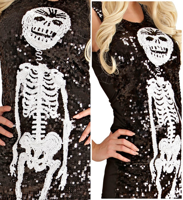 Paillettenkleid mit Skelett-Design in Schwarz und Silber