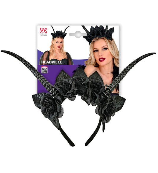 Haarreif mit schwarzen Rosen und Hörnern als Fasnacht und Halloween Accessoire
