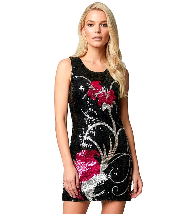 Paillettenkleid mit buntem Blumenmuster für Fasnacht und Karneval