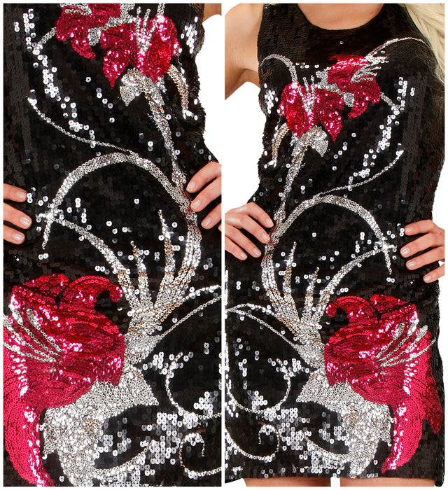 Paillettenkleid mit buntem Blumenmuster für Fasnacht und Karneval