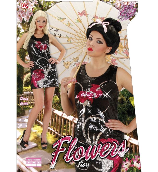 Paillettenkleid mit buntem Blumenmuster für Fasnacht und Karneval