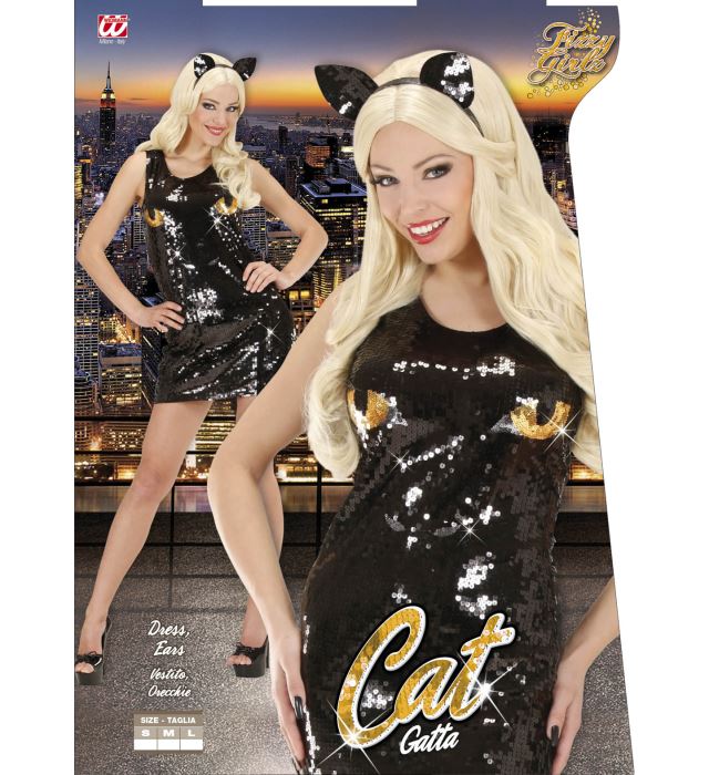 Fasnacht Paillettenkleid mit Katzenohren, glänzendes Kostüm für Karneval