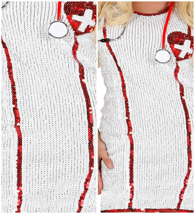 Pailletten-Kostümkleid mit passender Haube in Weiß und Rot für Fasnacht
