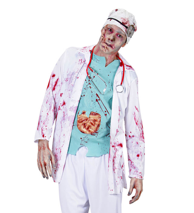Zombie Doktor Kostüm mit Kittel, blutigen Gedärmen und Kopfbedeckung