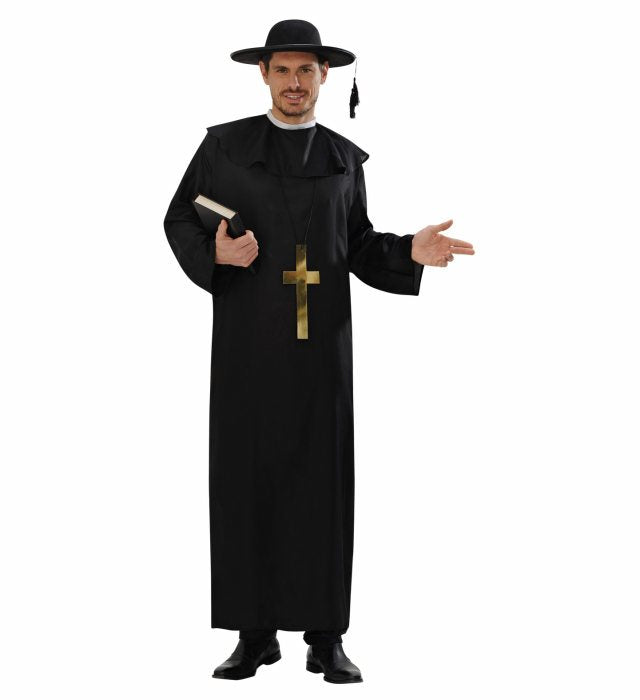 Priester-Kostüm mit schwarzer Robe und Kreuzkette für Fasnacht