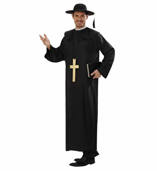 Priester-Kostüm mit schwarzer Robe und Kreuzkette für Fasnacht