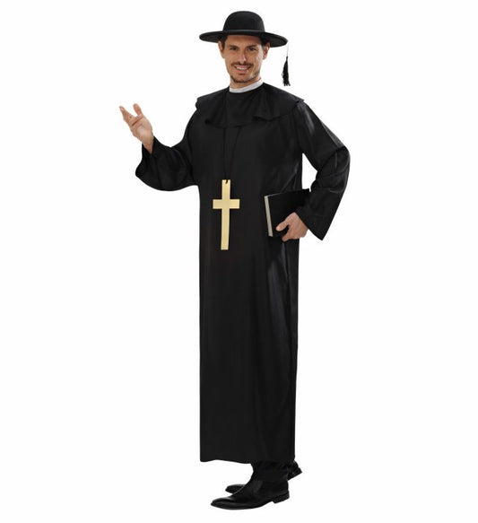 Priester-Kostüm mit schwarzer Robe und Kreuzkette für Fasnacht