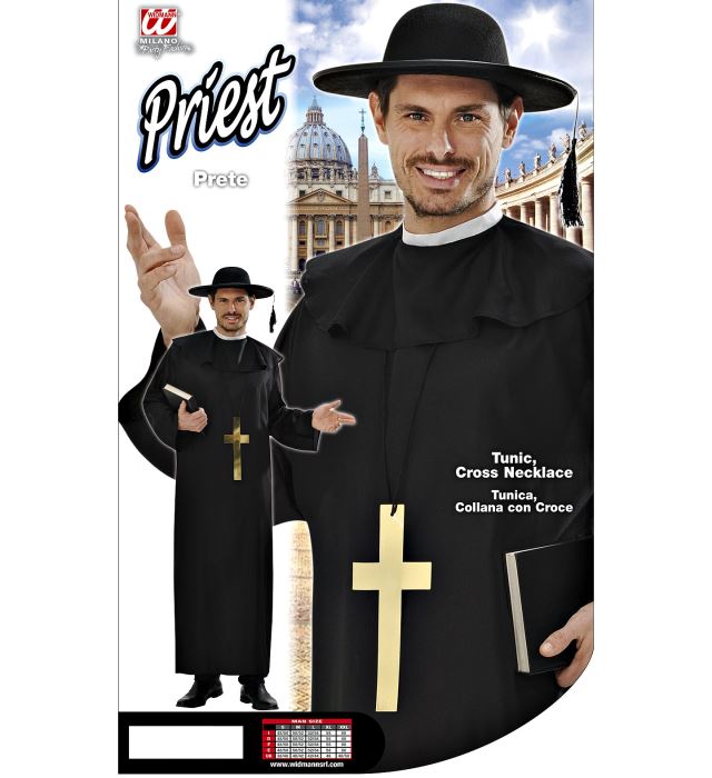 Priester-Kostüm mit schwarzer Robe und Kreuzkette für Fasnacht