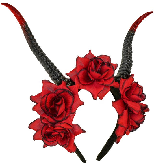 Haarreif mit schwarzen Hörnern und roten Rosen als Kostümzubehör für Fasnacht und Halloween