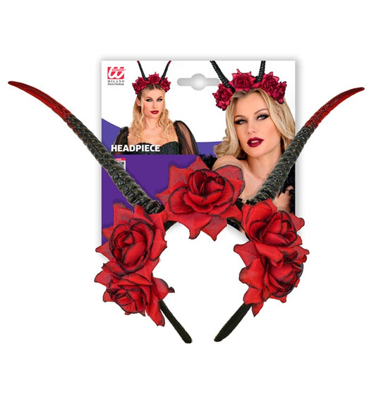 Haarreif mit schwarzen Hörnern und roten Rosen als Kostümzubehör für Fasnacht und Halloween