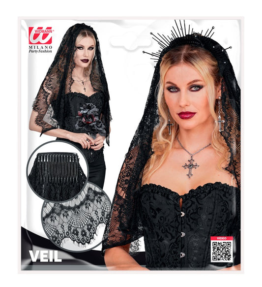 Schwarzer Spitzen-Schleier als stilvolles Kostümzubehör für Halloween und Fasnacht